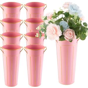 8 Pcs 11.8 Inch Tall Galvanized Flower Bar Pink Buckets with Handles - Tin Metal Vase for Home Decor, Wedding Centerpiece, Table Decorations - Unbreakable Tall Vase for Fresh Flowers