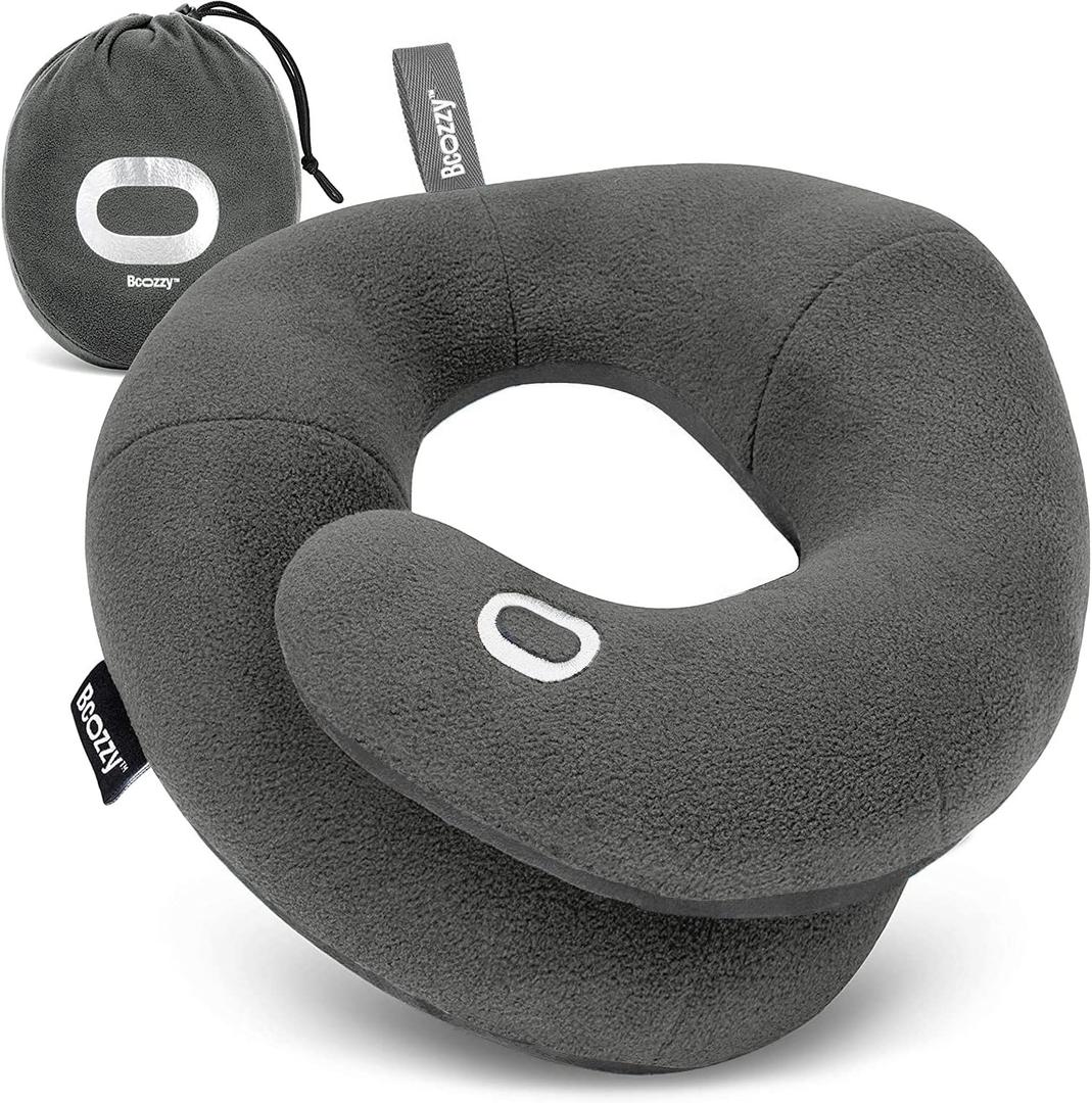 BCOZZY Travel Neck Pillow for Airplane  Patented Double Support for Head, Neck, and Chin. Best for Long Flights, Plane Sleeping, and Car Rides. Adjustable Size. Fully Washable. Carry Bag. Large, Gray