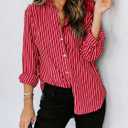 siliteelon Womens Button Down Shirts Cotton Striped Dress Shirt Long Sleeve Collared Office Work Blouses Tops (Red, L)