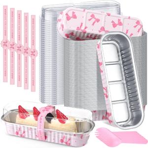 Tioncy 80 Pcs Mini Loaf Pans with Lids Spoons Sealing Stickers, Mini Cake Pans, Aluminum Foil Baking Bread Containers, Bakery Party Supplies 6.8oz for Wedding Birthday Party (Bow)
