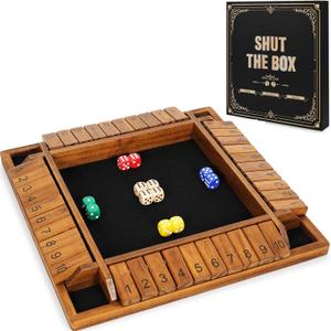 Vamslove 12 inches Shut The Box Dice Game Wooden Board Table Math Game with 8+4 Dice for 2-4 Player, 4 Sided 10 Numbers Close The Box for Kids Adults(Instructions Included)