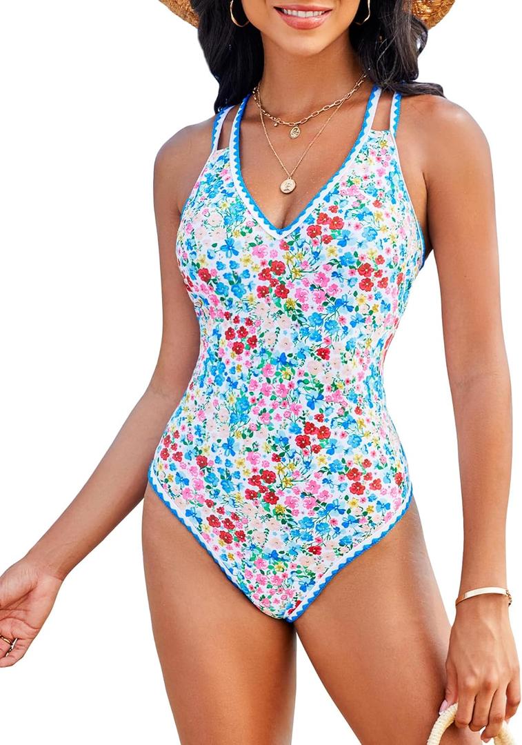 Jolefille Modest One Piece Swimsuits for Women Tummy Control Cute Bathing Suit Full Coverage Floral Swim Suit for Teens Girls (X-Large)
