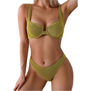 SweatyRocks Women's 2 Piece Bikini Set Striped Print Spaghetti Strap Push Up Swimsuit (Yellow, S)