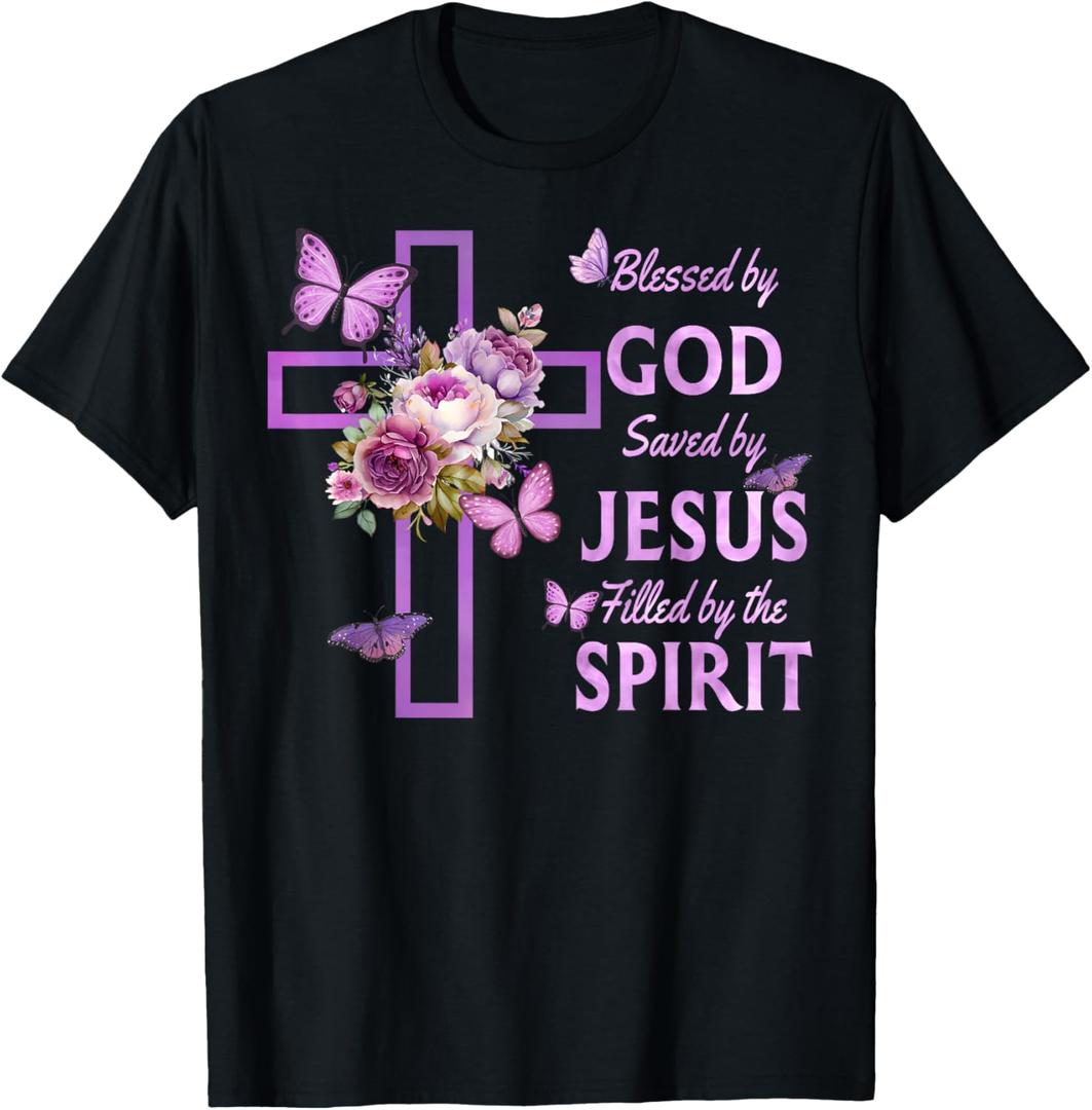 Blessed by God Saved by Jesus Purple Floral Cross Christian T-Shirt Large
