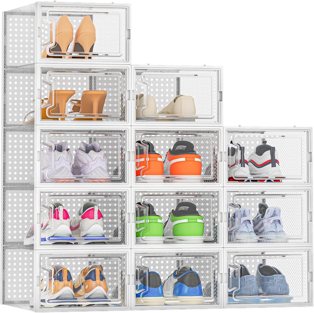HOMIDEC Shoe Storage, 12 Pack Shoe Organizer for Closet, Shoe Boxes Clear Plastic Stackable Shoe Containers with Lids for Size 10
