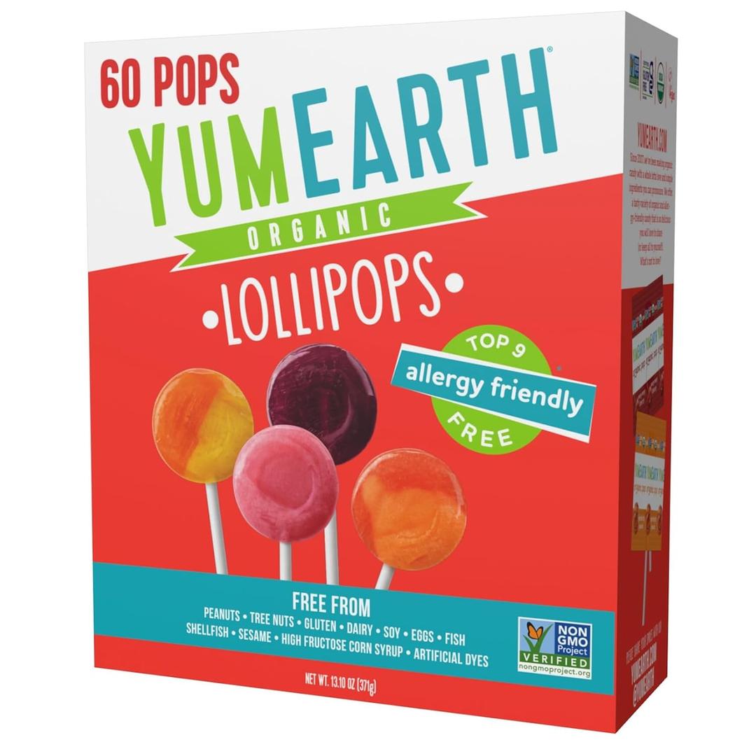 YumEarth Organic Pops Variety Pack, 60 Fruit Flavored Favorites Lollipops, Allergy Friendly, Gluten Free, Non-GMO, Vegan, No Artificial Dyes