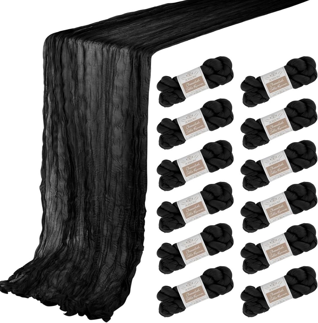 12 Pack Black Cheesecloth Table Runner - 35x120 Inch Boho Gauze for Birthday Party, Wedding Decoration, Baby Shower, Christmas Decor & Special Events