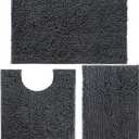 Bathroom Rugs Set Non Slip 3 Piece Bath Mat Washable Chenille Bath Rugs with PVC Backing Bath Carpet,Absorbent Bathroom Mats with Toilet Rug,Bath Mats for Bathroom,Bedroom, Kitchen,Tub,Home Decor (Charcoal Grey)