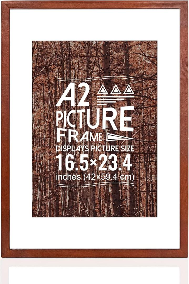 16.5x23.4 Frame, A2 Fram16.5 x 23.4 frame A2 Poster Frame with Mat, Solid Wood Black Poster Frame-Horizontal and Vertical Wall Hanging for Home, Exhibition, Caffe(Brown)