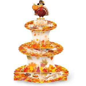 2 x 3 Tiers Thanksgiving Cupcake Stand Friendsgiving Decorations, Thanksgiving Day Turkey Maple Leaf Cardboard Cake Dessert Holder Tower Cookie Trays Decorations for Fall Decor Birthday Party Supplies