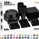 Party Solids 350 Pieces Black Plastic Plates For Party, Black Disposable Plates Set, 50 Of Each 9" Dinner Plate Set, 7" Dessert Plate, Cups, Napkins & Cutlery Plastic Dinnerware