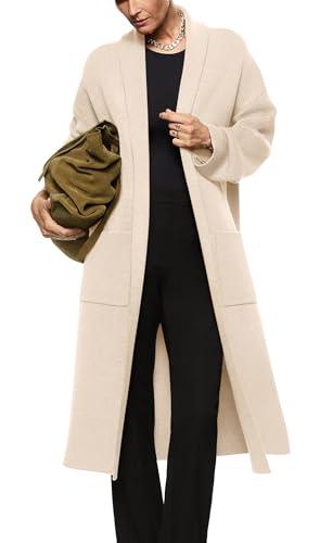Womens Long Sleeve Maxi Cardigan Open Front Oversized Knitted Sweater Coat Casual Lapel Warm Overcoat with Pockets Apricot, Large