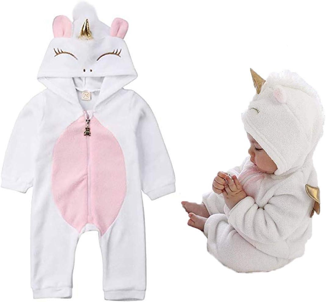 Baby Girls 3D Unicorn Angel Wings Hooded Zipper Romper Jumpsuit Christmas Outfits Clothes Pink White (12-18 Months)