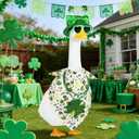 St.Patrick's Day Porch Goose Outfits,4 Pcs Lucky Shamrock Goose Outfit with Clover Bow Hat,Bibs,Necklace and Heart-Shaped Glasses,23" White Cement Goose Statue Costume for Garden Patio Yard Lawn(A)