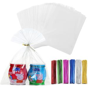 100 Pcs 8" x 10" Clear Thick Cello Treat Bags Flat Cellophane Bags With 6 Colors Twist Ties Packaging Wrapping Cookies Candies Dessert Gift Cellophane Bags
