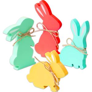 4Pcs Easter Bunny Table Wooden Sign Decorations,Rabbit Shape with Rope Natural Wood Signs Spring Easter Table Centerpieces Decor Bunny Farmhouse Kitchen Dining Room Tabletop Decoration Home Office