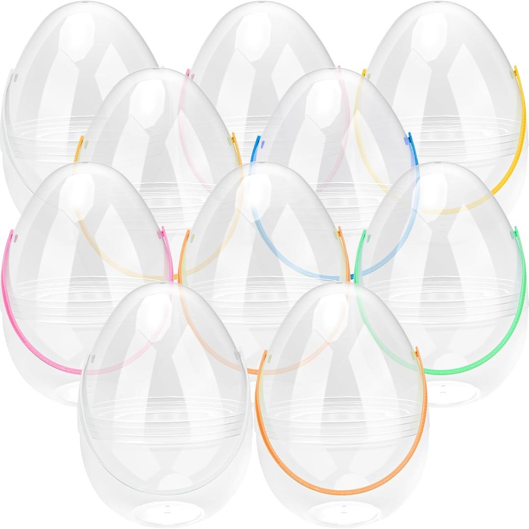 Giant Clear Easter Eggs Fillable Jumbo Plastic Easter Eggs Large Clear Easter Egg Empty for Easter (10 Pcs - Clear with Colorful Handle (10 Inch))