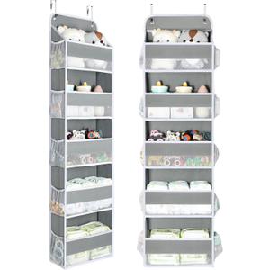 Yecaye 2 Pc Over The Door Organizer with 5 Bins 10 Side Pockets, 44lbs Load Hanging Bathroom and Bedroom Organizer, Behind The Door Hanging Organizers for Nursery Newborn Baby Essential Stuff Grey