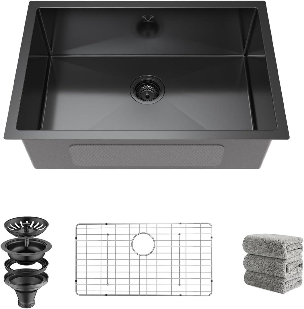 Kitchen Sink 27x18 Inch Undermount Kitchen Sink Gunmetal Black 16 Gauge Stainless Steel Single Bowl with Accessories Round Corners Handmade