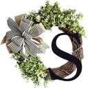 Monogram Initial Letter Wreaths for Front Door with Striped Linen Bow & Fake Green Grass on Grapevine Base Farmhouse Style Rustic Door Decor Spring Summer Green Wreath, S