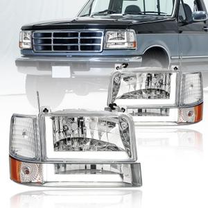 LED DRL Headlights Compatible with 1992-1996 Ford F150 F250 F350 & Ford Bronco Replacement Headlamp Amber Reflector Chrome Housing