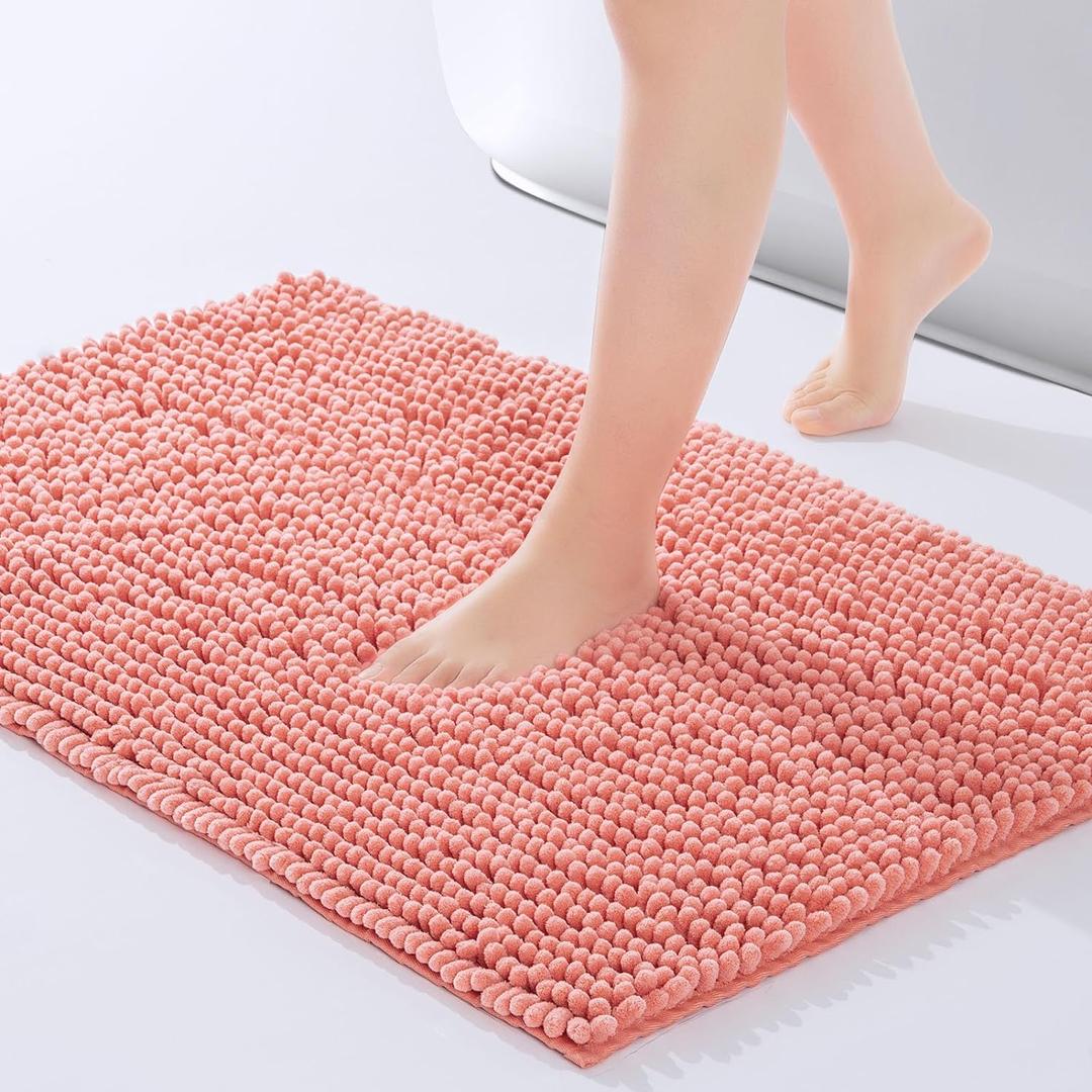 FRESHMINT Chenille Bathroom Rugs Mat 24"x17",Non-Slip Bath Mat for Bathroom Floor & Bathtub, Washable Soft Shower Shag Bath Rugs, Durable Fluffy Thick Water Absorbent Microfiber Shower Mat, Coral