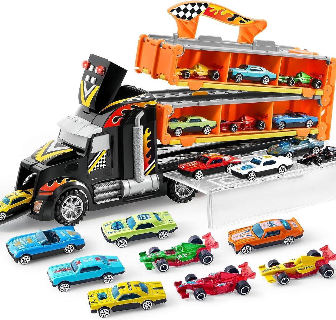 JOYIN Toy Truck for Kids, Race Toy Cars, 60" Extra Long Race Track and 12 Die-Cast Metal Cars, Toddler Carrier Truck with Lights & Sounds, Christmas Birthday Gifts for 2 3 4 5 6 7 Years Old Grandkids (Black Orange)