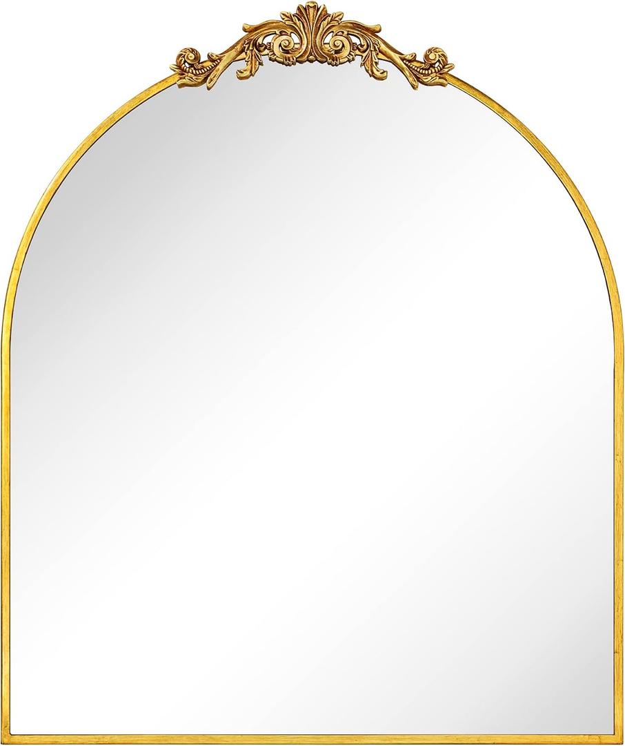 30x34'' Arched Ornate Wall Mirror for Mantel Traditional Baroque Inspired Bathroom Vanity Rectangular Mirror in Antiqued Gold Foil