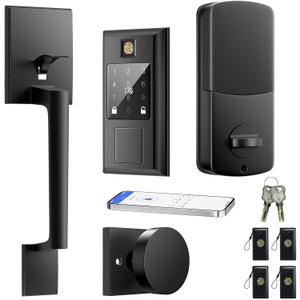 Fingerprint Smart Lock & Front Door knob Set, Keyless Entry Door Lock with Handle, Auto-Lock, Smart Front Door Lock Set, Bluetooth APP Control, Touchscreen Keypad, Easy Install,Matte Black