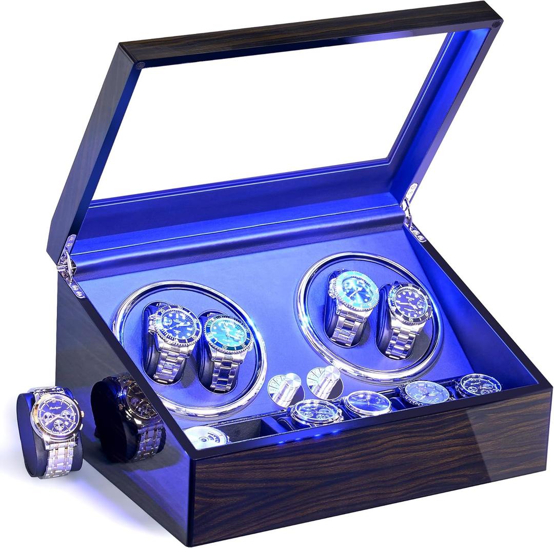 ANWBROAD Watch Winder for Automatic Watches 4 Watch Rotator and 6 Extra Storages with Super Quiet Mabuchi Motor LED Backlight Watch Turner Piano Paint Watch Shaker 4 Rotating Modes Gift USB UJWW002E