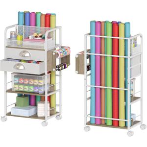 Rolling Craft Storage Cart with 2 Small Fabric Drawers & Lockable Wheels, DIY Organizer for Wrapping Paper, Paints, Brushes, Craft Supplies, Multi-Tier Craft Cart Tape Holder, 16.54x11.4x32.68 Inches