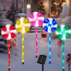BRIGHTDECK Lollipop Solar Christmas Pathway Lights Outdoor, 5 Pack LED Christmas Decor with 8 Lighting Modes, Light Up Solar Stake Lights for Holiday, Xmas, Walkway, Sidewalk (Multicolour, 5 PCS)