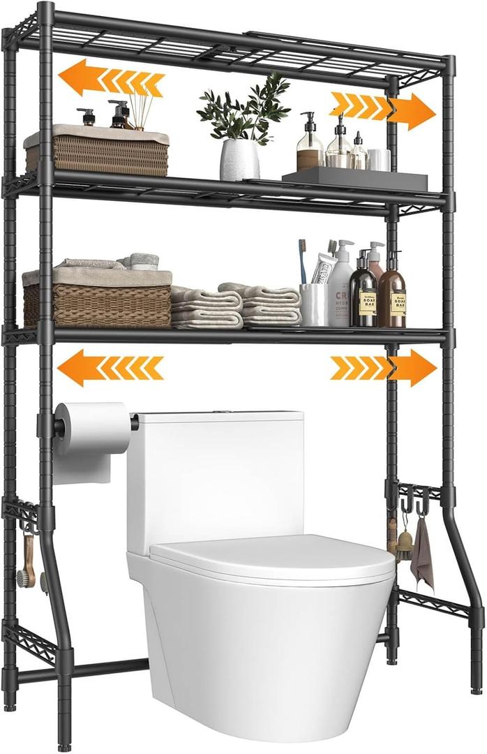 Expandable Over The Toilet Storage Rack, 3-Tier Adjustable Height & Width (22"-38") Metal Bathroom Organizer Shelves, Space Saver Above Toilet Over Washer and Dryer Shelf for Laundry Room