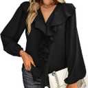 Vrtige Women's V Neck Long Sleeve Ruffle Front Button Down Blouse Shirt Top (Black, S)