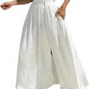 MOLABYZ Zip Wrap Skirt Boho Maxi A-Line Flowy Beach Vacation Resort Casual Cocktail Formal Wedding Guest Slit Front Elastic Waist Long Skirt with Pockets (US, Alpha, Small, Regular, Regular, White)