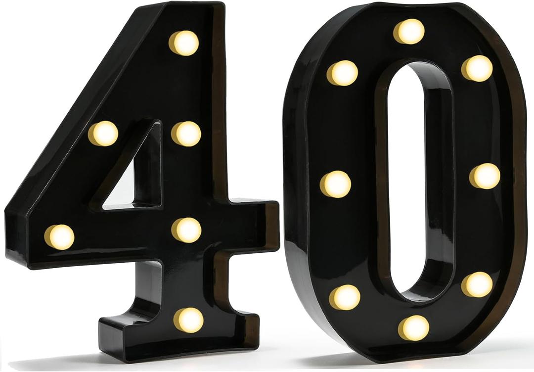 Pooqla Decorative Led Light Up Number Letters, Black Plastic Marquee Number Lights Sign for 40th Birthday Party Wedding Decor Battery Operated Black Number 40