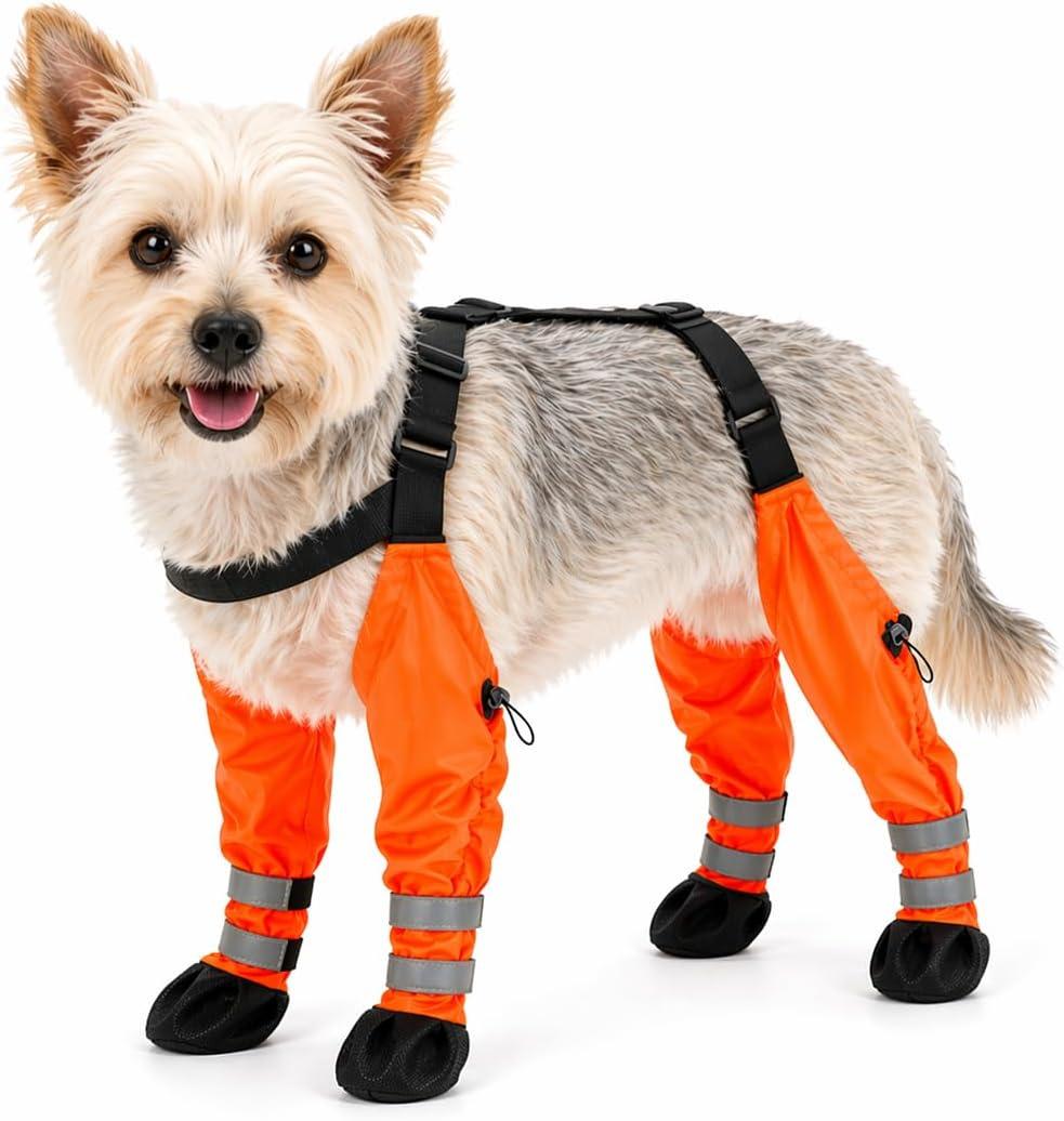 Dog Suspender Boots Waterproof, Breathable Dog Shoes Leggings for Small Dogs, Anti-Slip & Fall Paw Protector with Adjustable Strap, Dog Boots for Outdoor Walks Rain & Snow (Orange, S)
