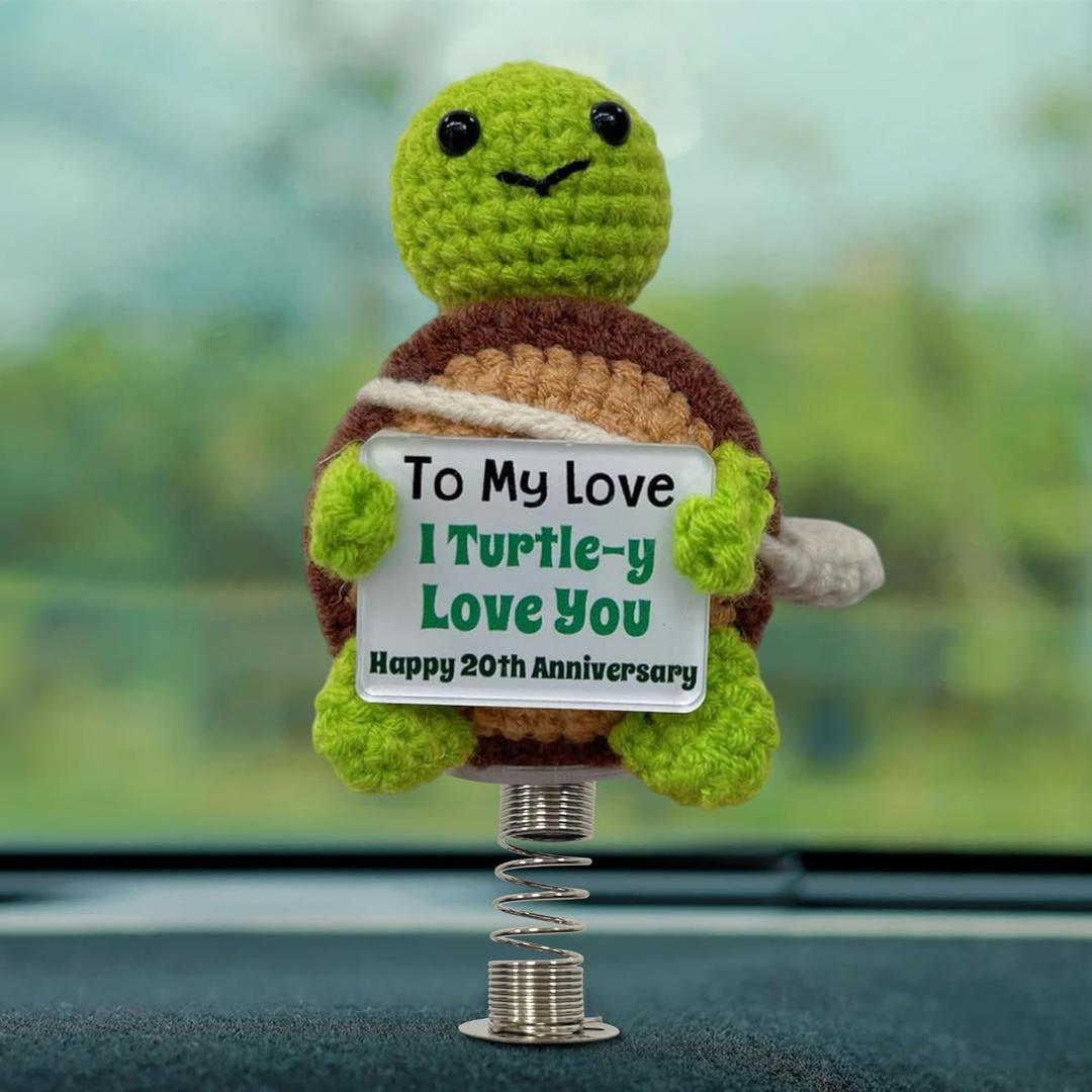 20th Anniversary Wedding Gift, Crochet Turtle Car Bobblehead with Scented Bag, 20 Year Wedding Anniversary Keepsake for Couple, Traditional 20th Anniversary Car Dashboard Gifts for Couple