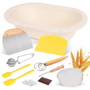 Non-Stick 10 Oval Wood Pulp Banneton Bread Proofing Basket Set, Sourdough Banneton Basket Kit, Bread Making Tool Sourdough Starter Kit with Proofing Bowl, Cover, Dough Whisk, Lame, Scraper