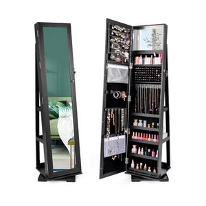 CHARMAID 360° Swivel Jewelry Armoire with Full Length Mirror, Standing Lockable Jewelry Cabinet Organizer, Large Storage Capacity, Inside Makeup Mirror, Back Storage Shelves (Black)