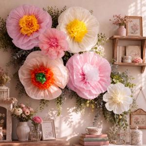 Giegxin 6 Pcs 14'', 9'' Pastel Large Paper Flowers for Wall Decorations Pink Tissue Crepe Flowers Pastel Party Decorations Floral for Classroom Wedding Baby Shower Birthday Tea Party Art Backdrop