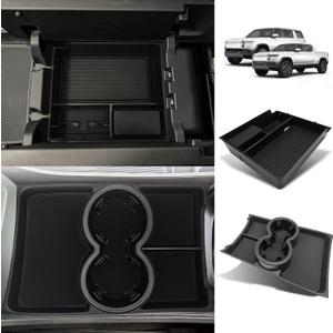 BestEvMod Upgraded V3 Armrest Storage Box and Cup Holder Lower Center Console Organizer Tray with PVC Trim Removable Coin Holder Compatible with Rivian R1T/R1S 2022-2024 (V3 Console+Lower Tray Black)