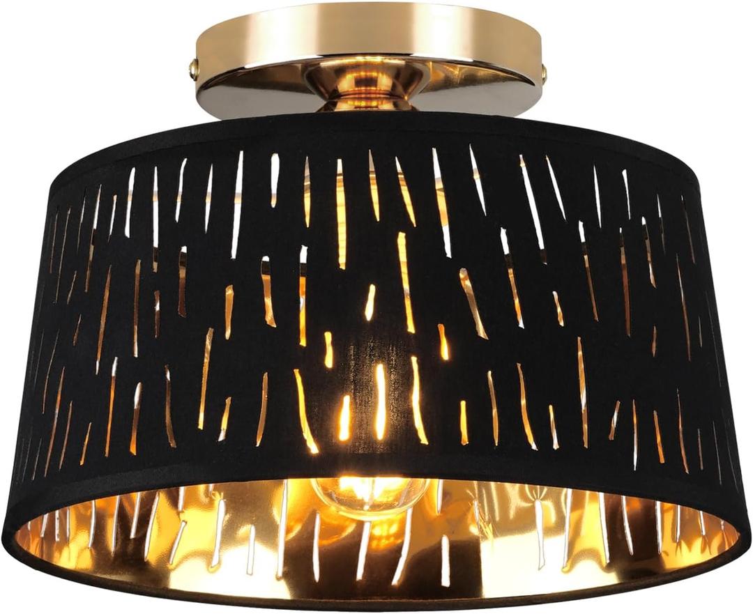 Modern Ceiling Light Fixture, 10 Inch Semi Flush Mount Lamp with Black Cut-Out Linen Shade, E26 Base, Gold for Kitchen Bedroom Hallway Closet Entryway Room Small Spaces