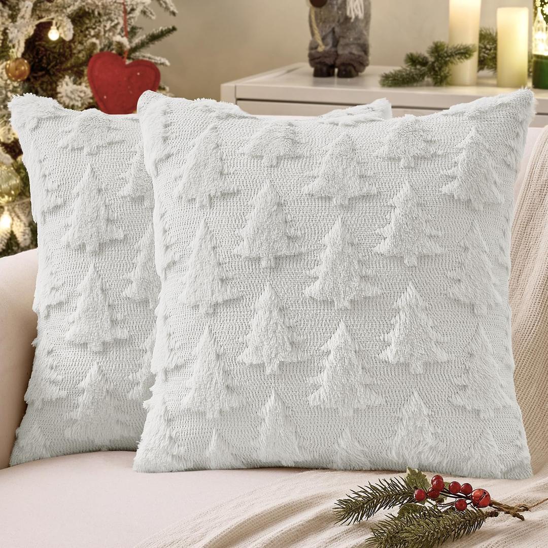 MIULEE Christmas Throw Pillow Covers Pure White Christmas Decorations Set of 2 Xmas Tree 18x18 Pillow Covers Soft Plush Faux Wool Pillowcases Holiday Festivals Winter Home Decor Sofa Couch Bed Porch