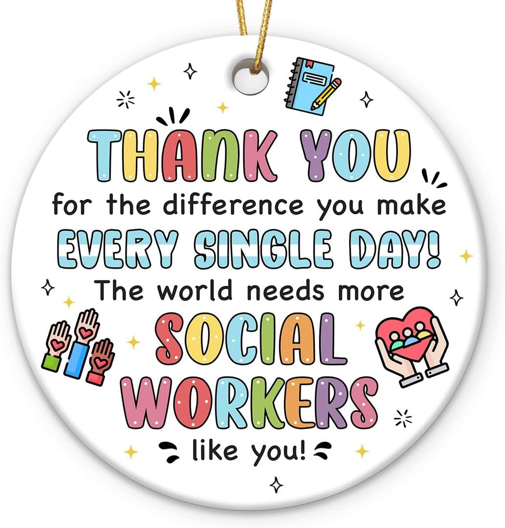 Appreciation Social Worker Gifts for Women Men - Thank You Gift for School Counselor Public Health, Ceramic Social Worker Ornament for Christmas Tree Decorations, Hanging Decor as