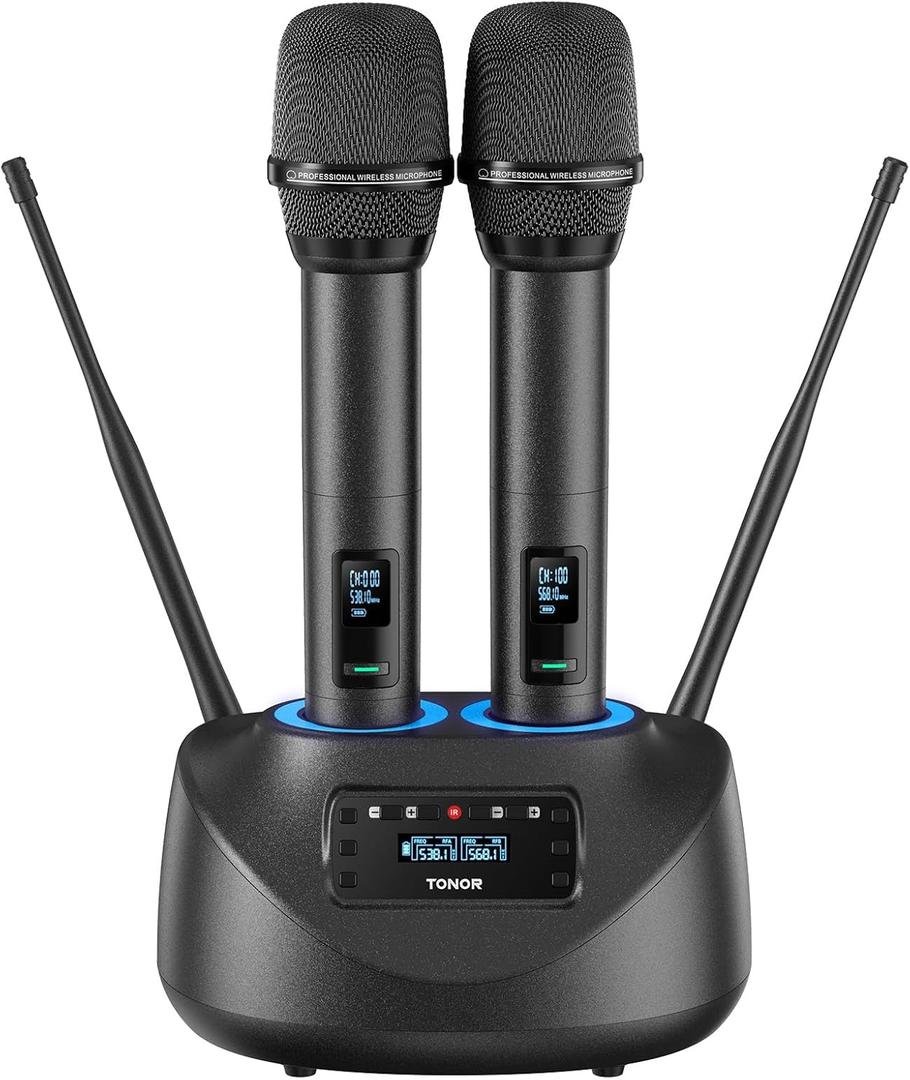TONOR Rechargeable Wireless Microphone, Metal Dual UHF Handheld Microphone System, Cordless Mic with Bluetooth Receiver, UHF 262ft Range for Home Karaoke, Church, Party, DJ, Wedding TW790, Dark Grey