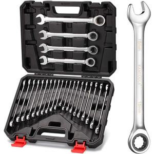 24-Piece Ratchet Wrenches Chrome Vanadium Steel Ratcheting Wrench Set with Metric and SAE 72-Tooth Box End and Open End Standard Wrench Set with Organizer Box