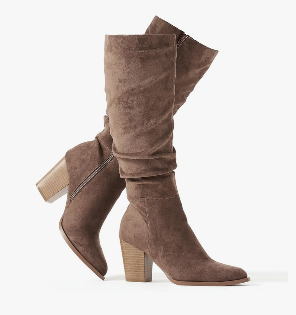Putu Women's Pointed Toe Knee High Boots Faux Suede Slouch Boots with Chunky Heel 11