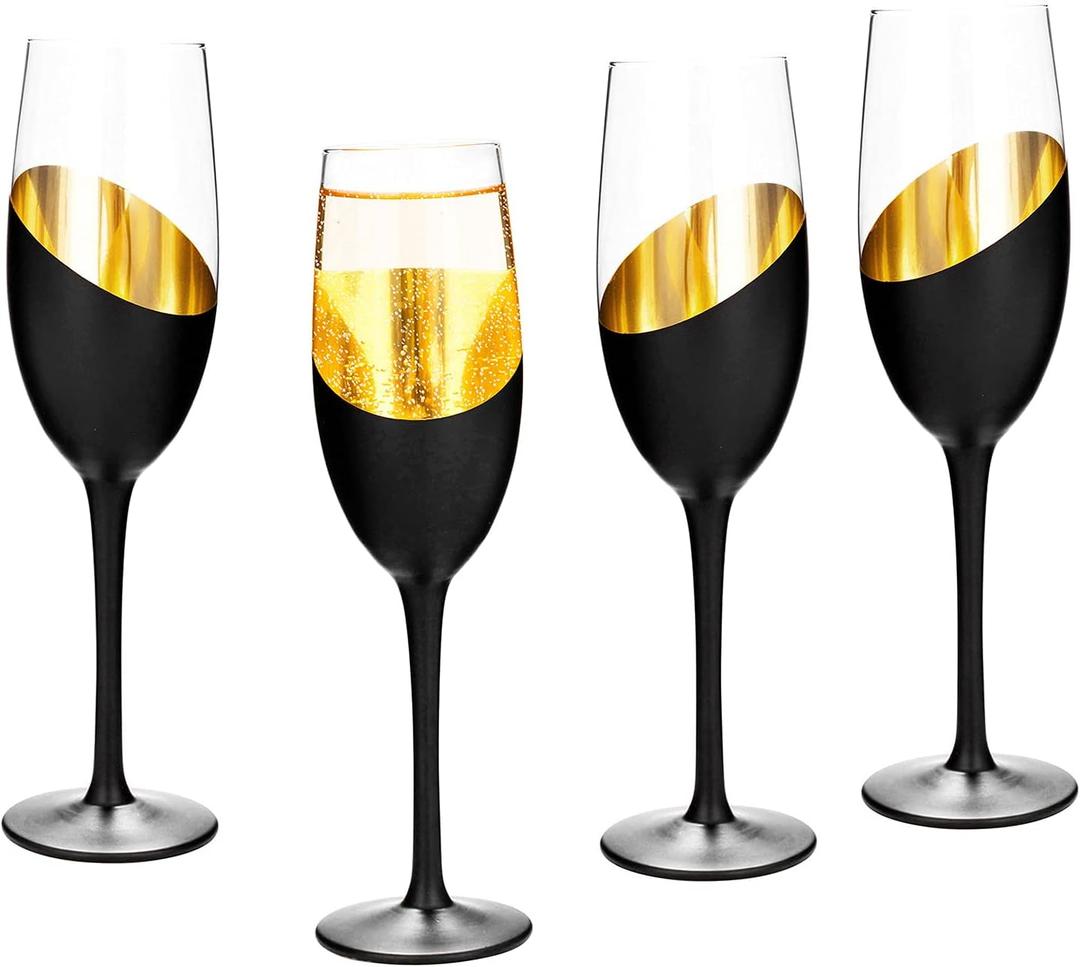 MyGift Modern Stemmed Champagne Flute Glass Set of 4 with Black and Gold Plated Design, Bachelorette Toasting Glasses Party and Wedding Wine Glass, 8 oz