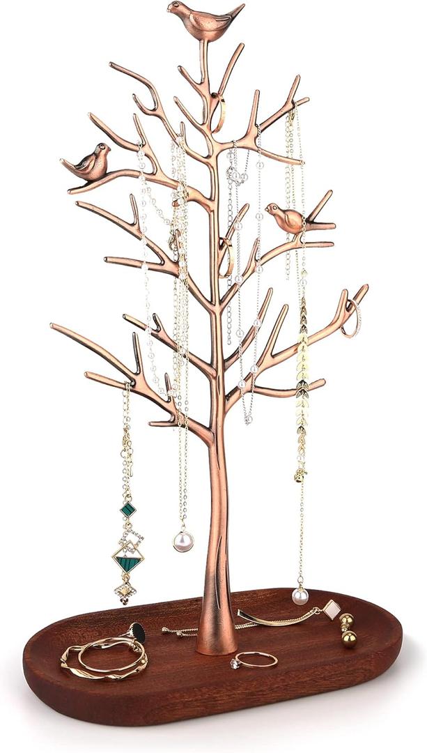 MORE&LESS Branch Jewelry Rack with Wood Tray,Retro Color,Tree Tower Rack Hanging Organizer for Ring Earrings Necklace Bracelet,Suitable for Living Rooms, Bathrooms,Offices